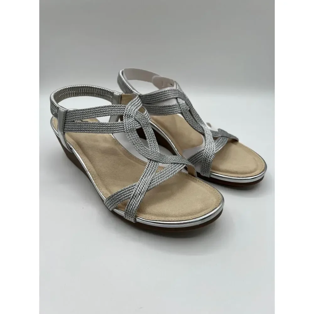 CLIFFS BY WHITE MOUNTAIN WOMENS CANDELLE SILVER STRAPPY WEDGE DRESS SANDAL 9M